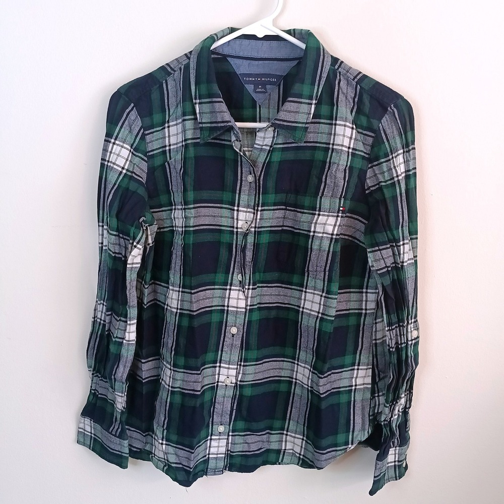 Tommy Hilfiger Button Down Womens M Green Navy Plaid Excellent Cotton Shirt